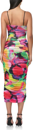 Hazel Print Ruched Mesh Midi Dress