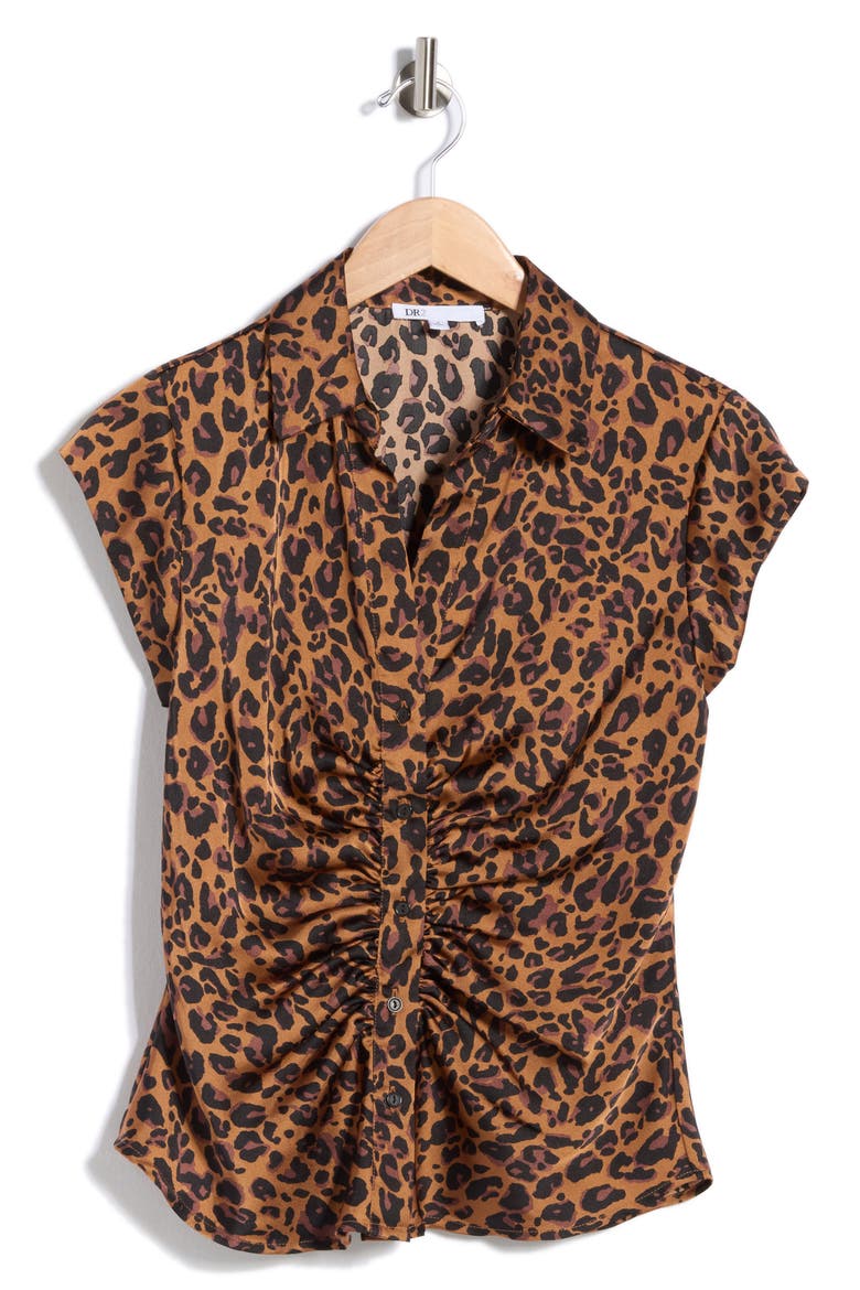 Ruched Satin Button-Front Cap Sleeve Blouse, Alternate, color, N394 BROWN