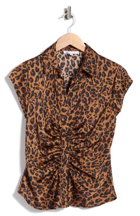 Ruched Satin Button-Front Cap Sleeve Blouse