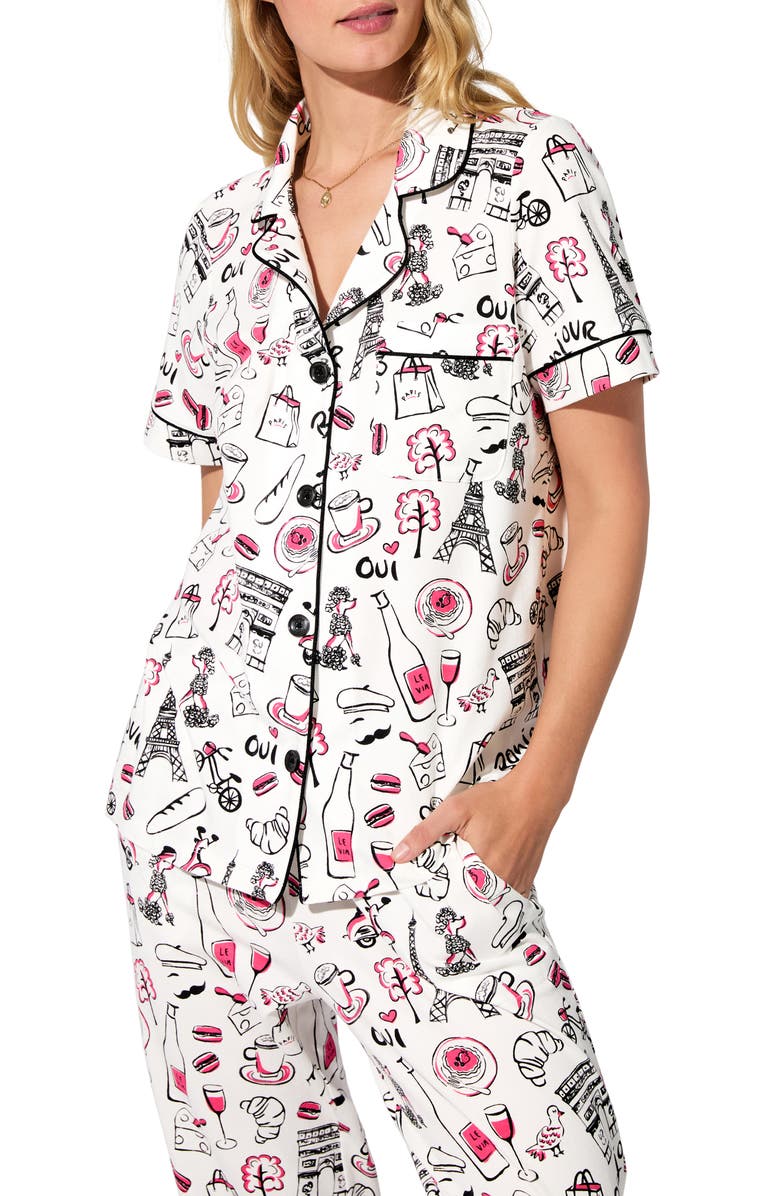 BedHead Pajamas Print Stretch Organic Cotton Jersey Crop Pajamas, Alternate, color, Bonjour Paris