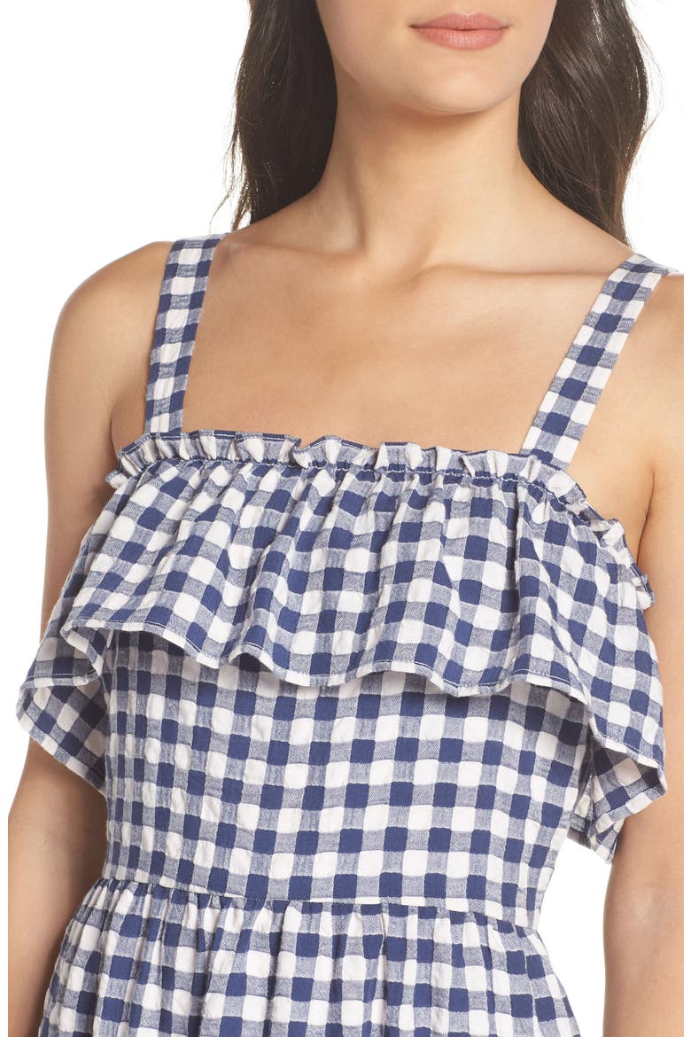 Tiered Gingham Midi Dress, Alternate, color, NAVY