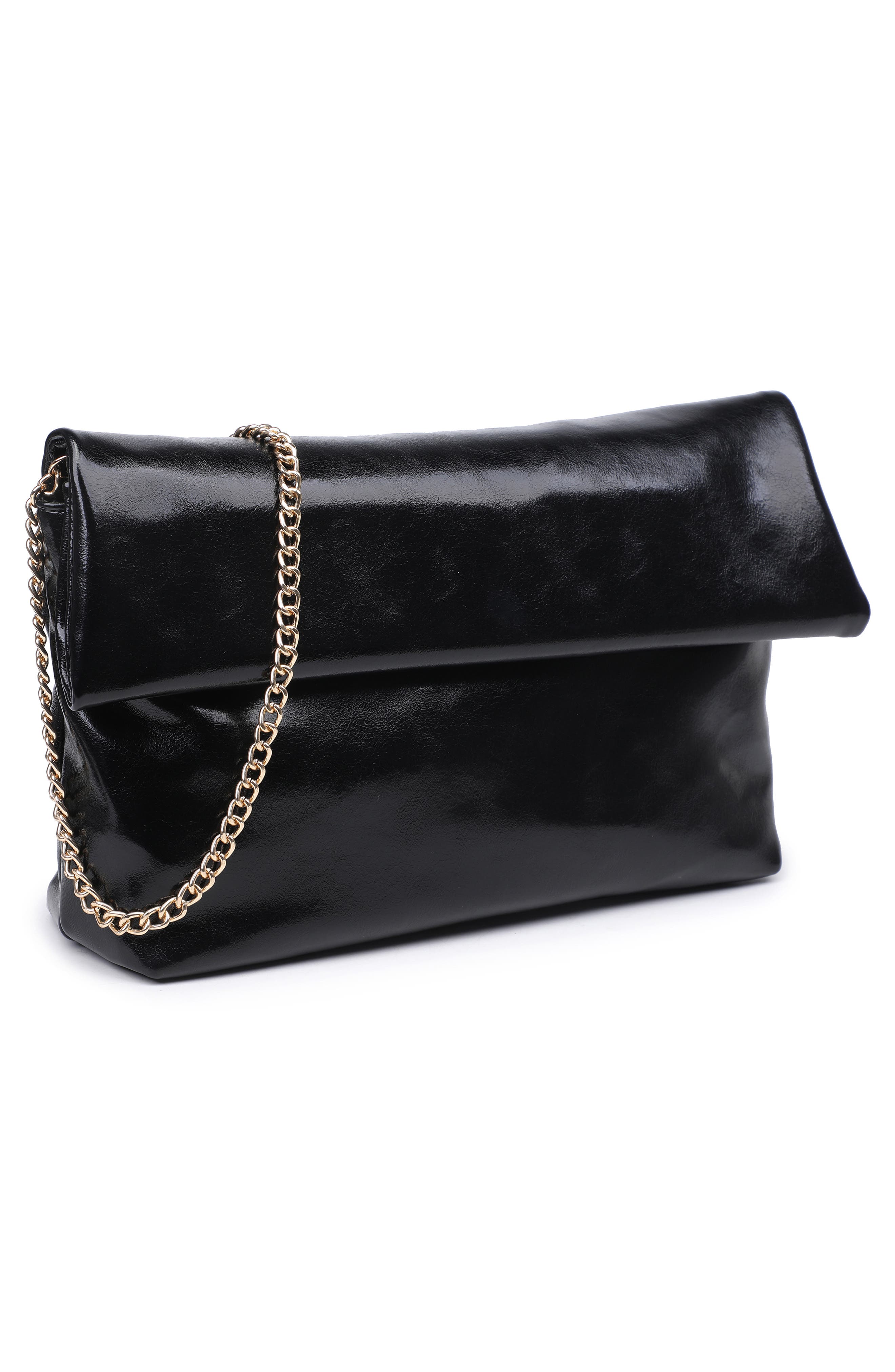 Faux Leather Foldover Clutch, Alternate, color, BLACK