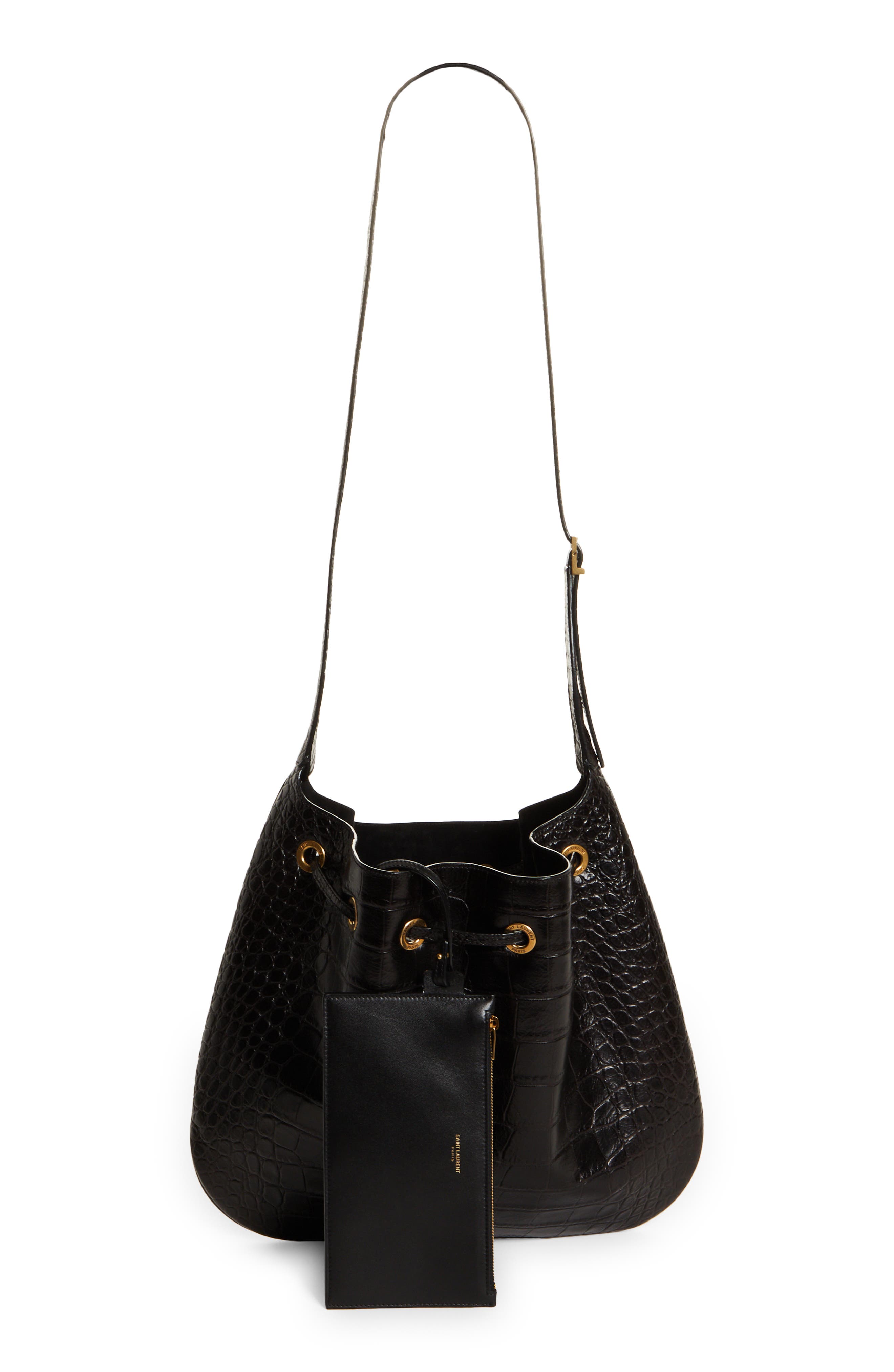 Saint Laurent Paris VII Flat Croc Embossed Leather Hobo Bag, Alternate, color, 
