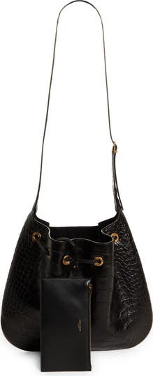 Saint Laurent Paris VII Flat Croc Embossed Leather Hobo Bag