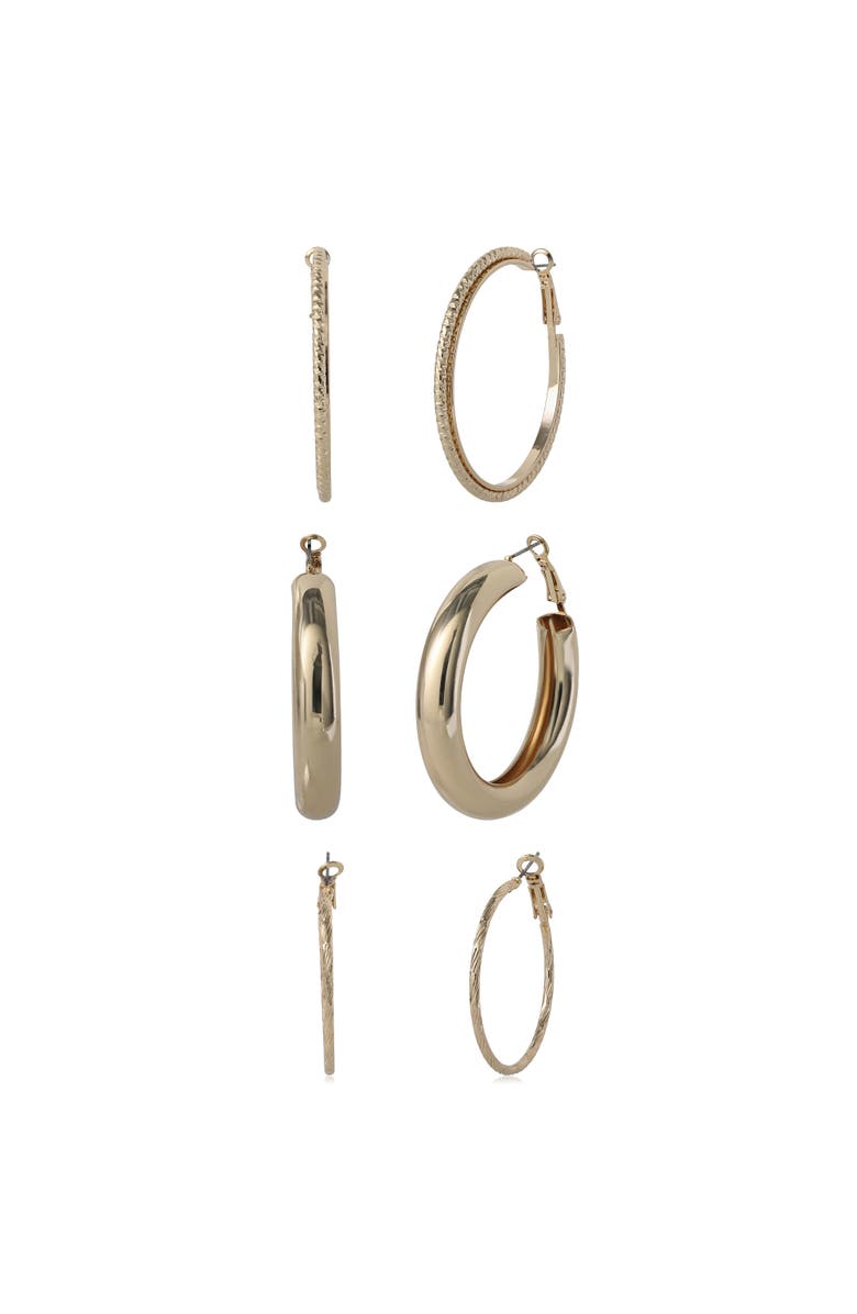 Jessica Simpson 3-Piece Textured Gold-Tone Hoop Earring Set, Alternate, color, Gold