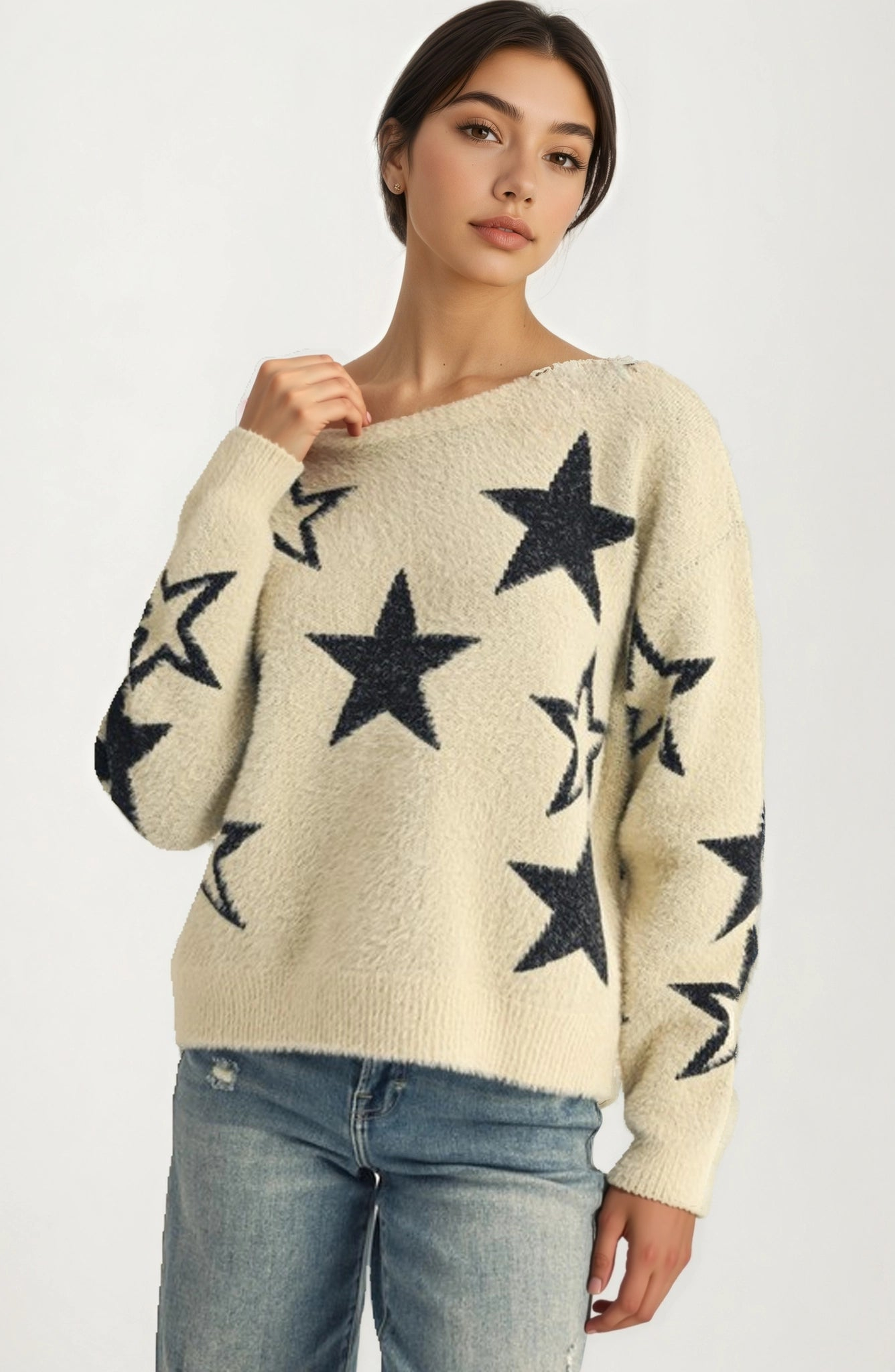 Cozy Soft Knit Relaxed Fit Star Pattern Sweater