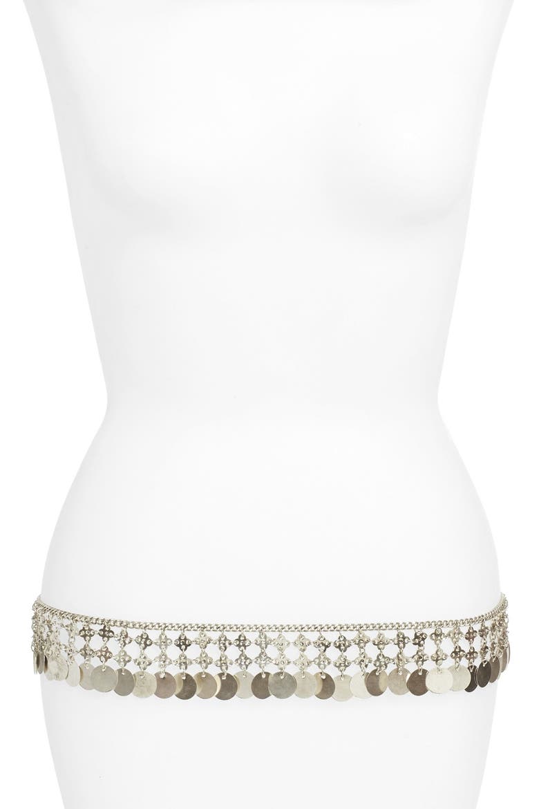 'Boho' Coin Brass Belt, Main, color, SILVER