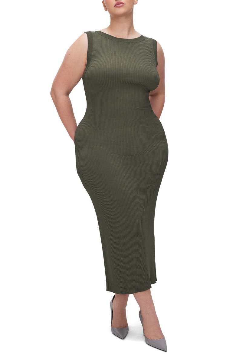 Good American Shine Scoop Back Ribbed Tank Dress, Alternate, color, Fatigue001