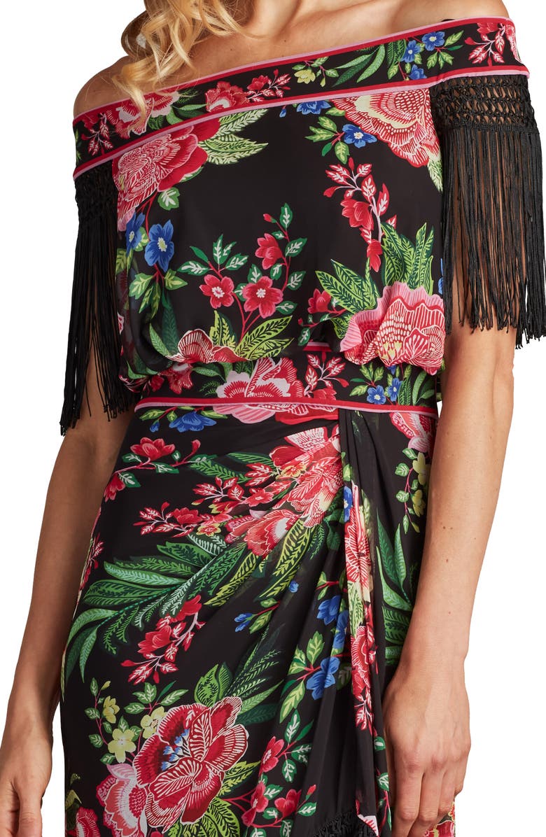 Tadashi Shoji Floral Off the Shoulder Fringe Detail Midi Dress, Alternate, color, Black/ Fuchsia Floral