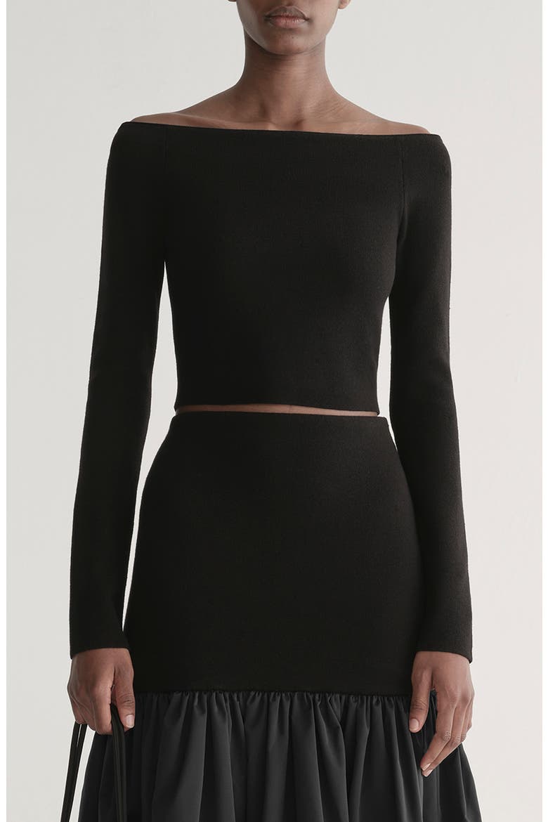 Jo Fitted Off the Shoulder Crop Sweater, Main, color, BLACK