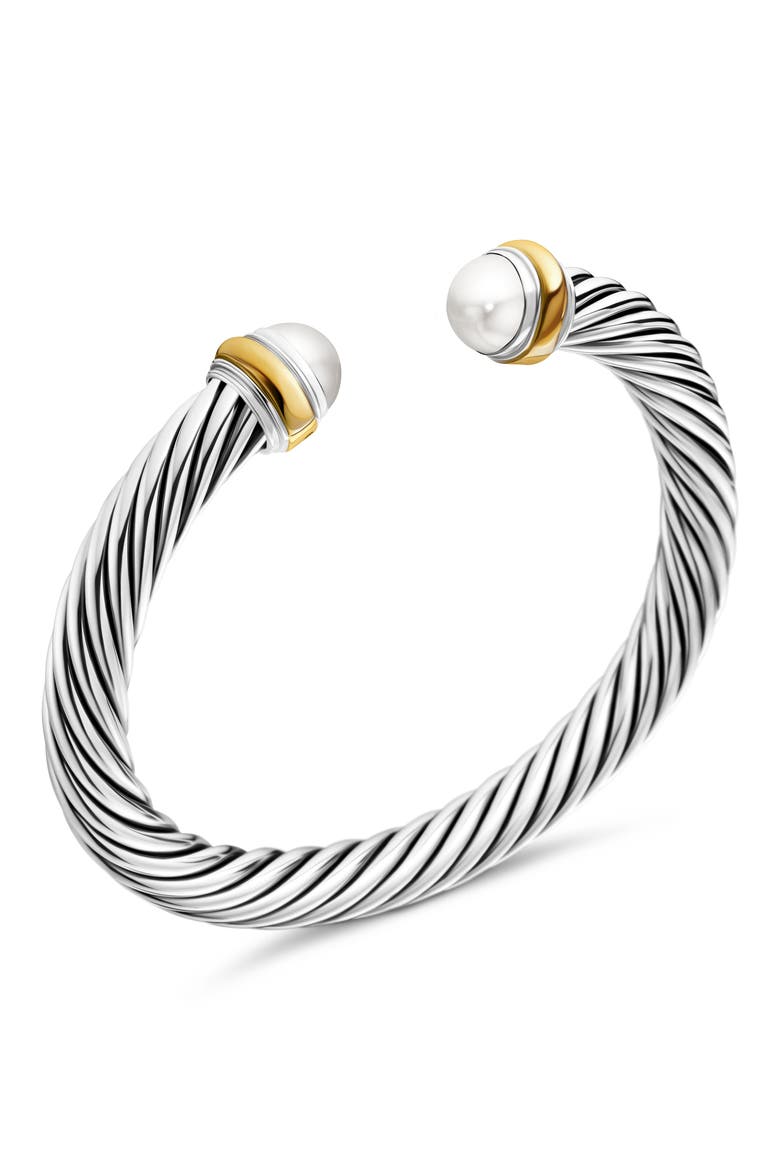 Classic Cable Bracelet in Sterling Silver with 14K Yellow Gold and Semiprecious Stones, 7mm, Alternate, color, PEARL