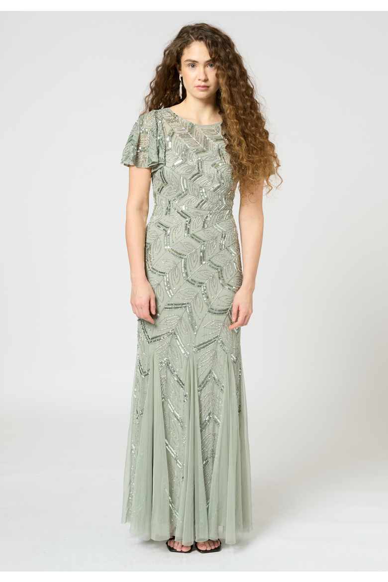 Embellished Sequin Beaded Maxi Dress With Short Sleeve, Main, color, SAGE GREEN