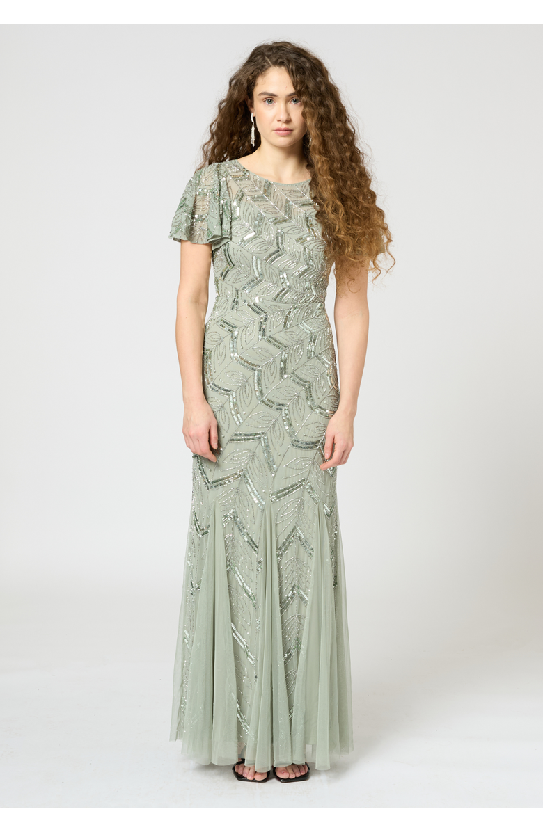 BEAUUT Embellished Sequin Beaded Maxi Dress With Short Sleeve, Main, color, Sage Green