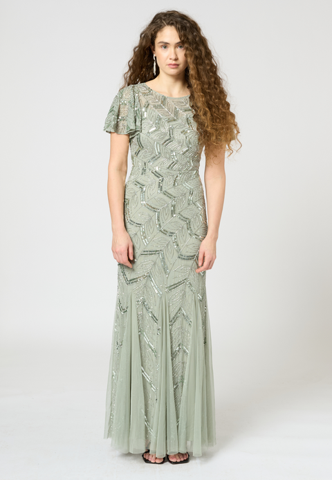 Embellished Sequin Beaded Maxi Dress With Short Sleeve