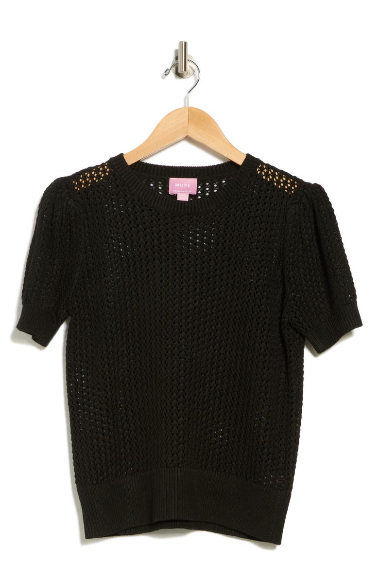 Muse Pointelle Knt Short Sleeve Sweater, Alternate, color, Black