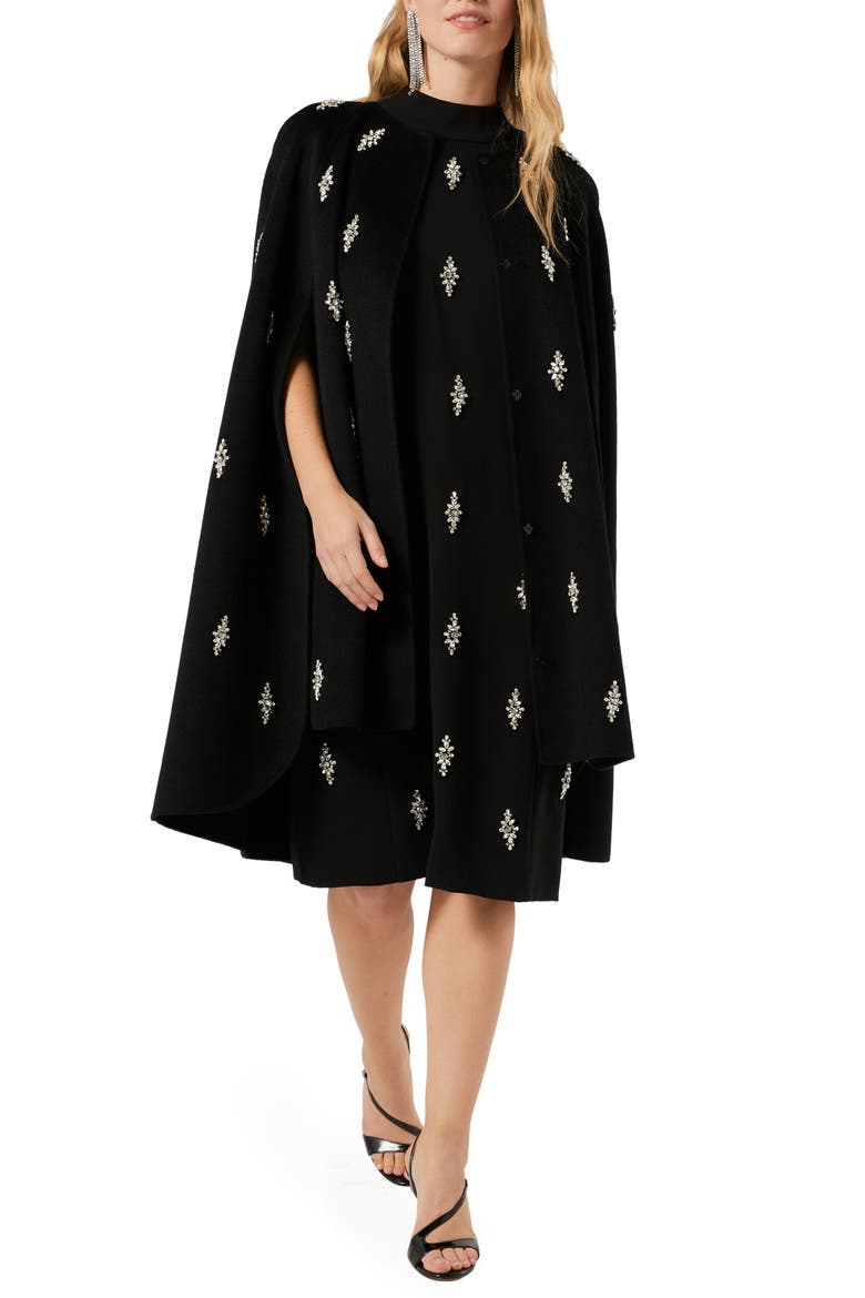 Crystal Embellished Cape Dress, Main, color, BLACK