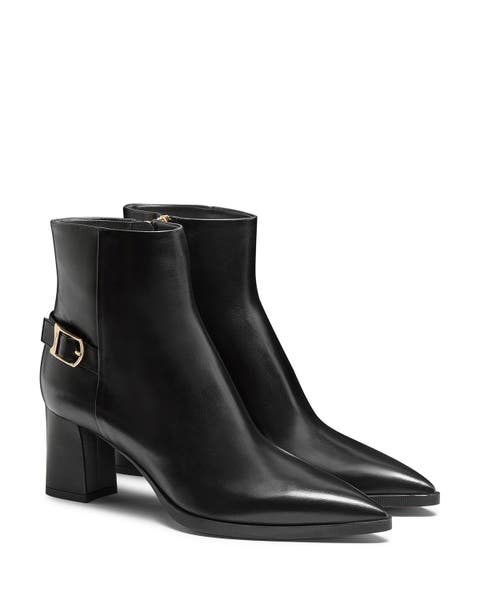 Women's Leather Mid-Heel Ankle Boot with Decorative Buckle