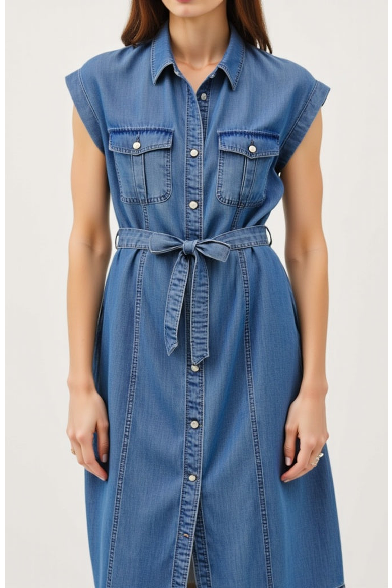 Sleeveless Denim Midi Shirt Dress with Button Front and Tie Waist, Alternate, color, Blue