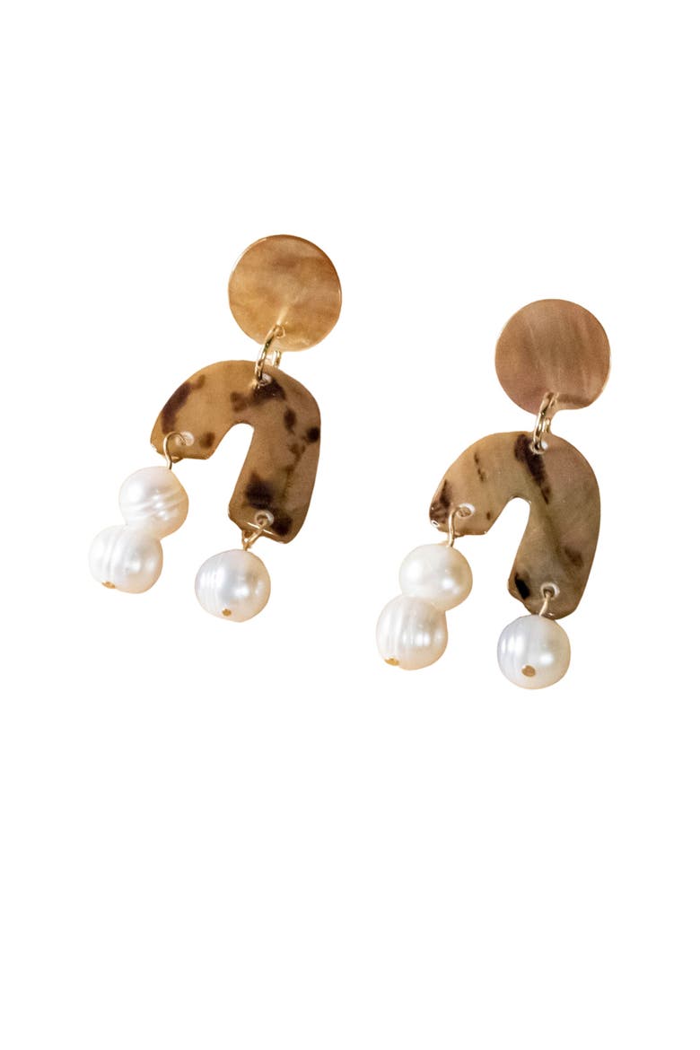 Mother-of-Pearl Asymmetrical Drop Earrings, Main, color, Brown