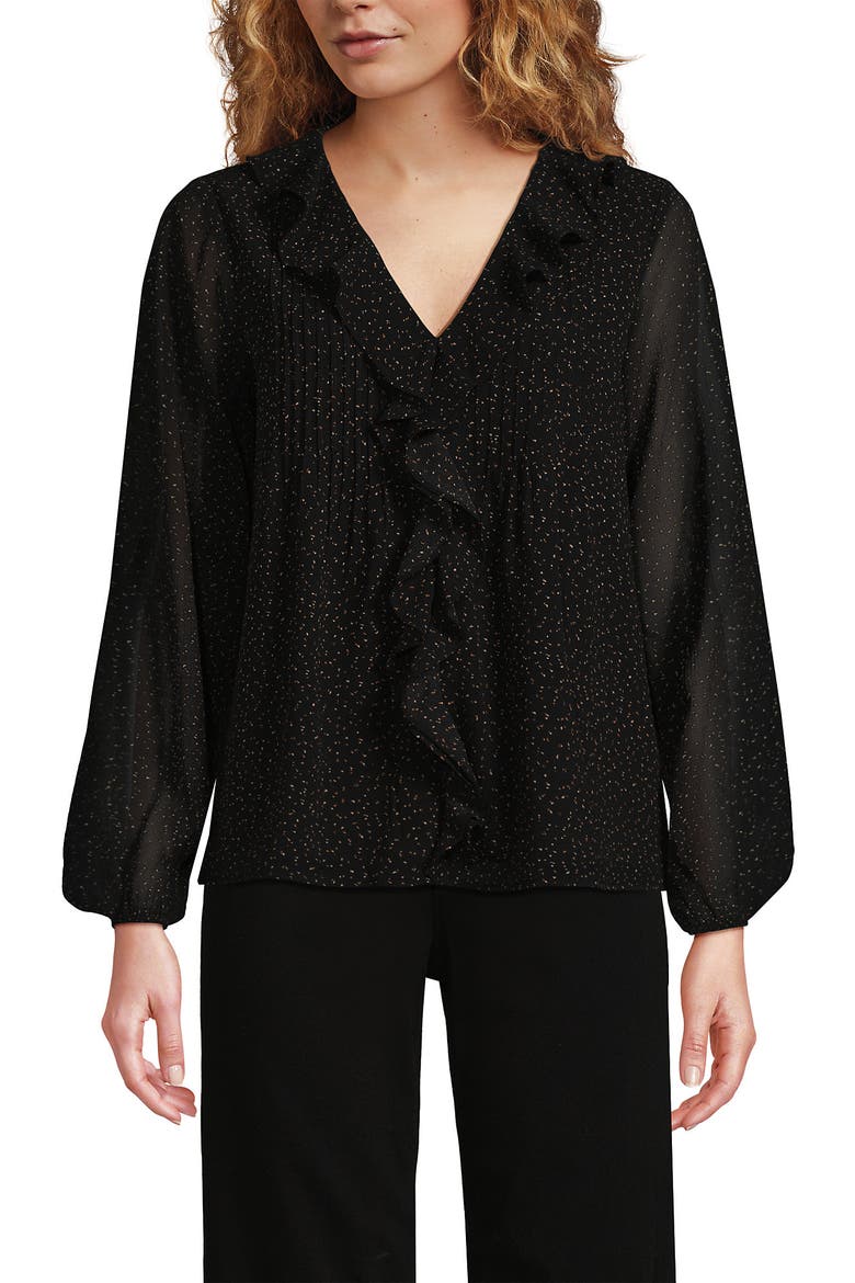 Chiffon Ruffle Front Pleated Blouse, Main, color, Black Terrazzo Dot