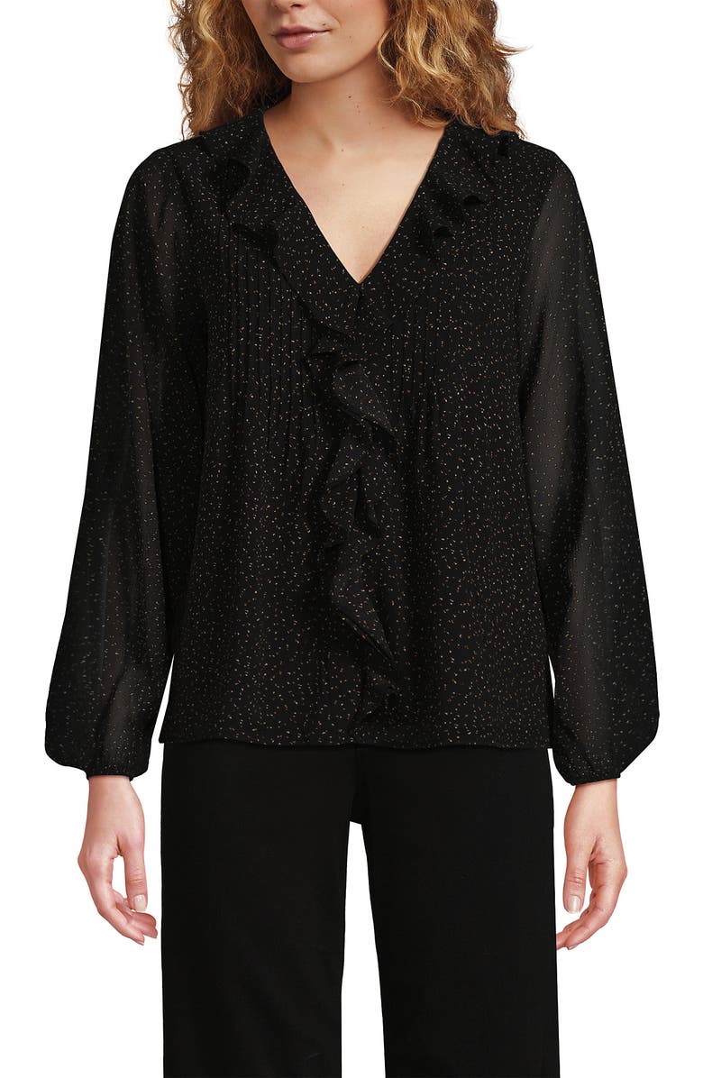 Lands' End Chiffon Ruffle Front Pleated Blouse, Main, color, Black Terrazzo Dot