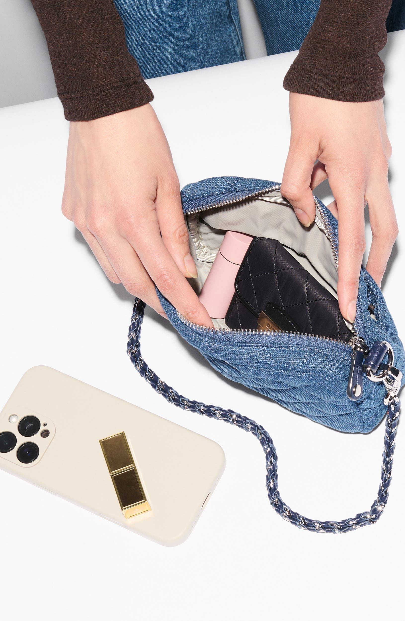 MZ Wallace Mini Crosby II Quilted Denim Crossbody Bag, Alternate, color, True Blue Denim