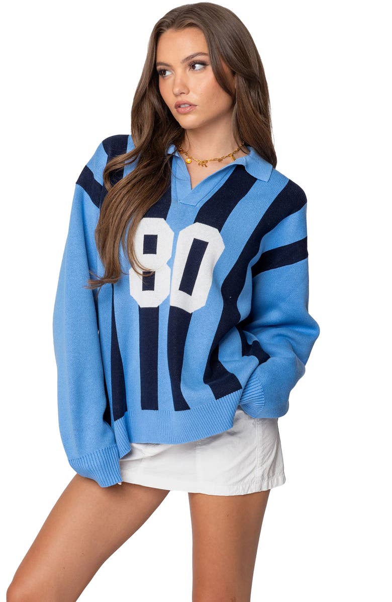 EDIKTED Larson Stripe Oversize Graphic Polo Sweater, Alternate, color, Blue-And-Navy