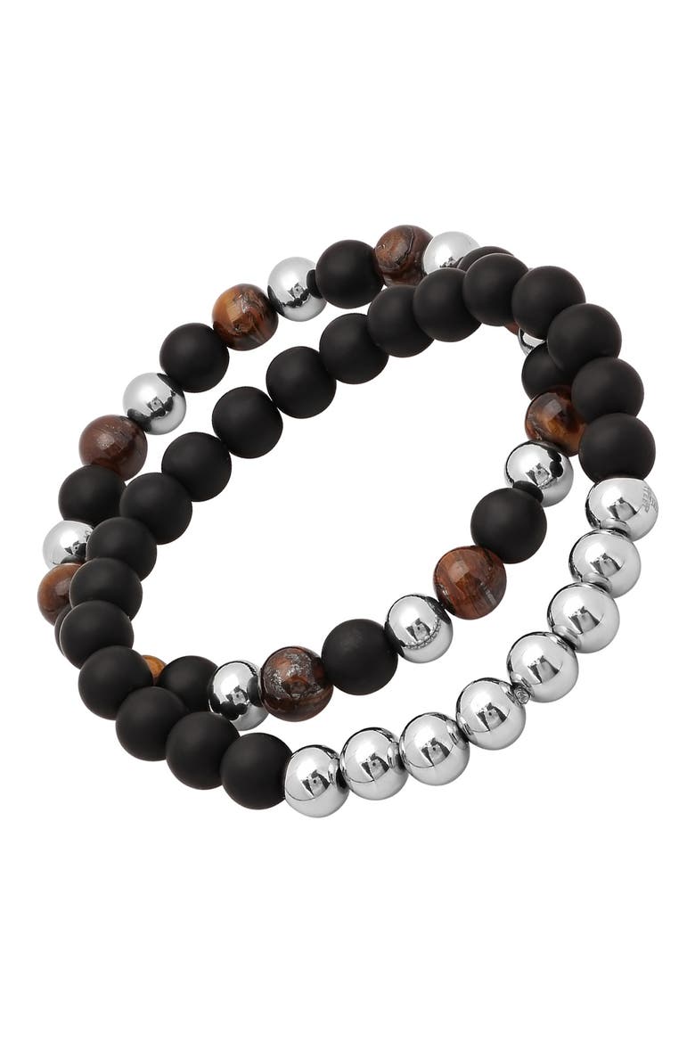 Men's Set of 2 Stretch Beaded Bracelet, Alternate, color, SILVER/BROWN/BLACK