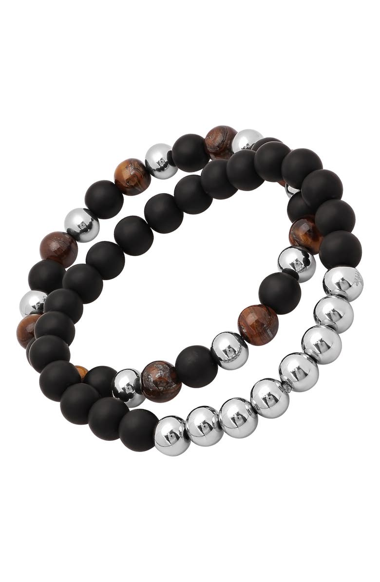 HMY JEWELRY Men's Set of 2 Stretch Beaded Bracelet, Alternate, color, Silver/ Brown/ Black