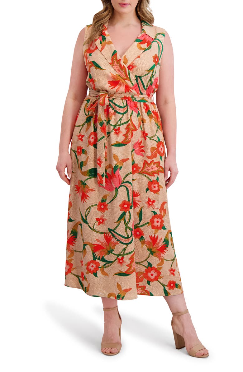 Kensie Tie Waist Textured Midi Dress, Main, color, Beige Multi