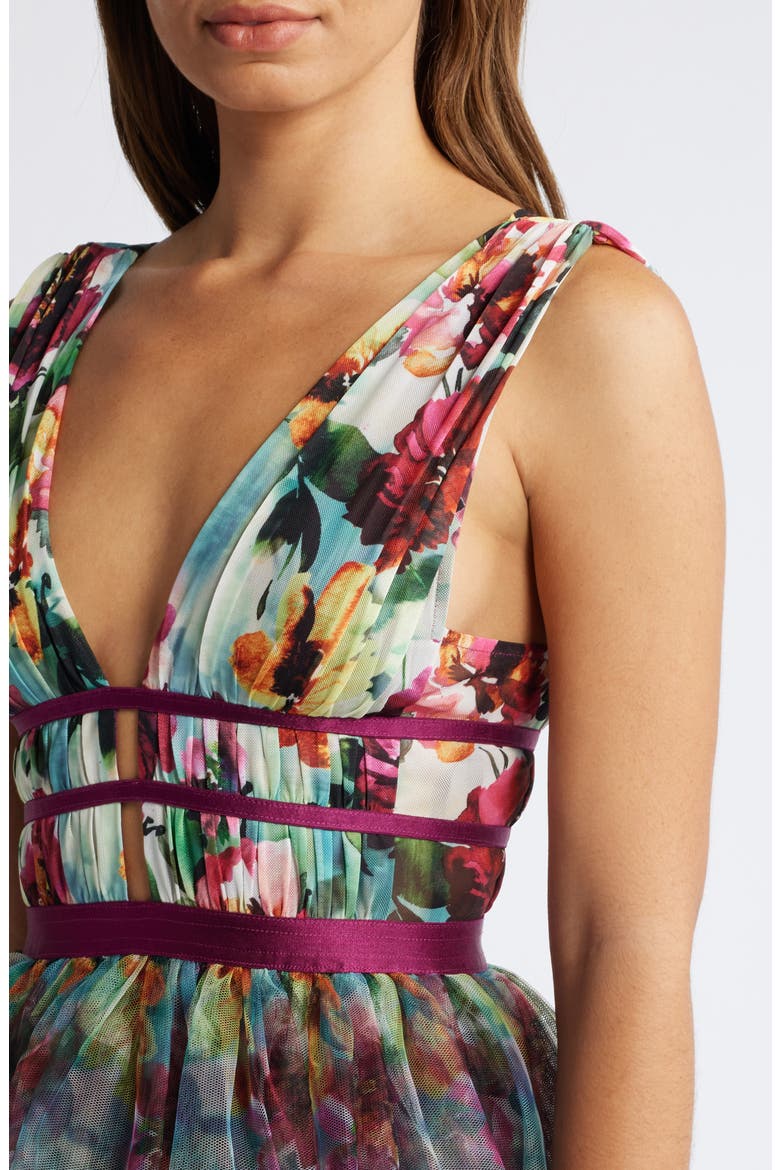 Floral Print Tiered Mesh Gown, Alternate, color, OLIVE MULTI