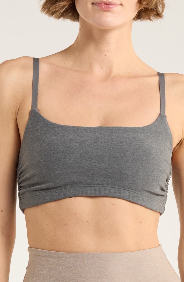 Beyond Yoga Space Dye Raise the Barre Shirred Sports Bra, Main, color, True Gray Heather