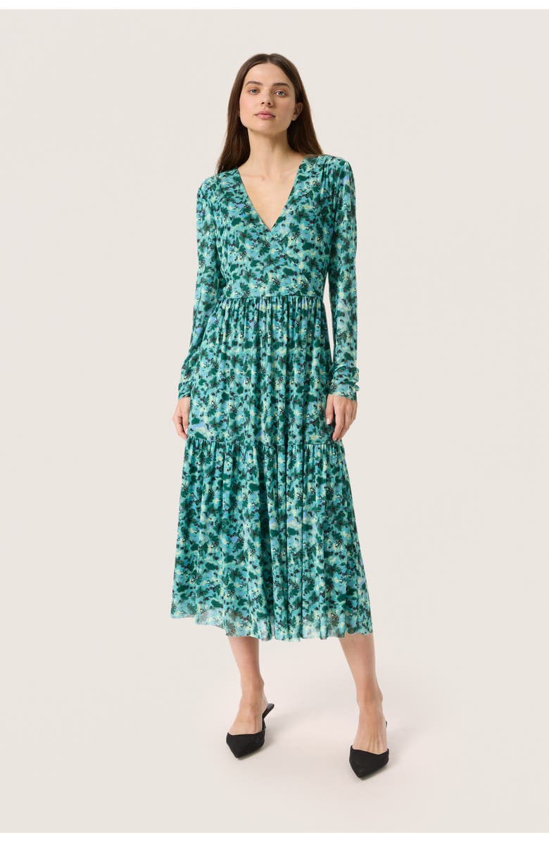 Soaked in Luxury Slaldora V-Neck Mesh Long Sleeve Dress, Main, color, Green Brushed Floral