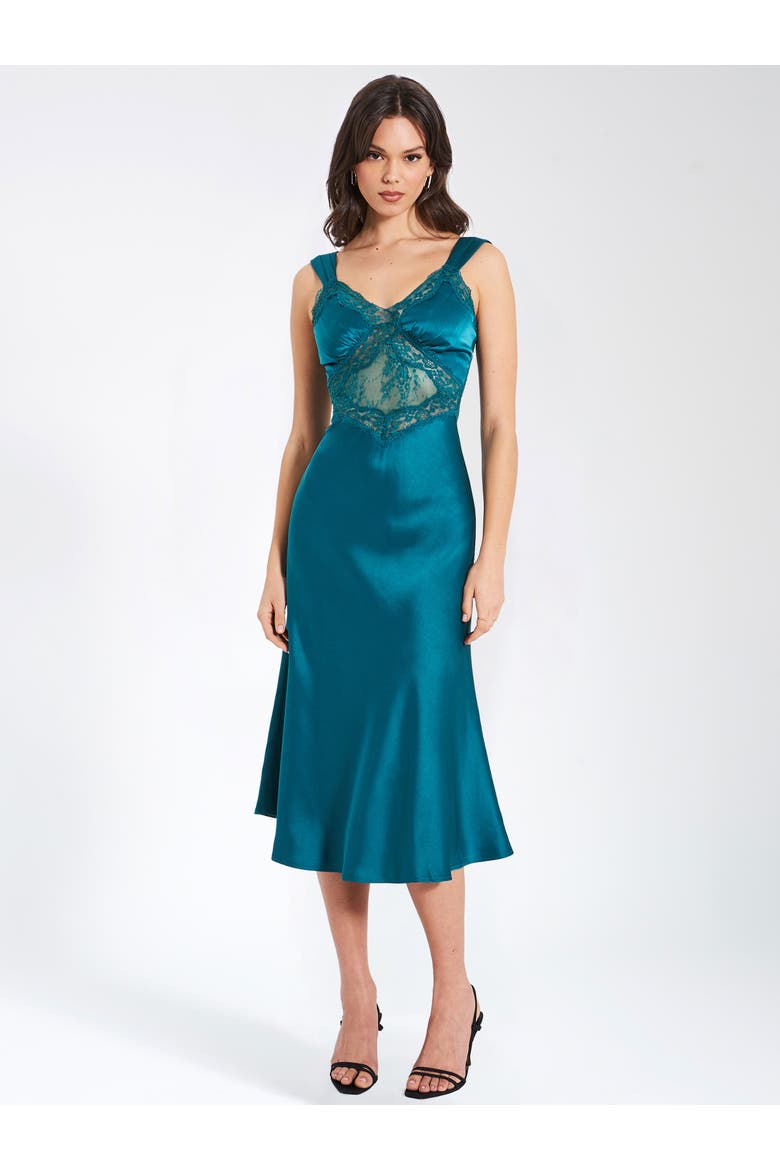 Perley Satin and Lace Midi Dress, Alternate, color, Teal