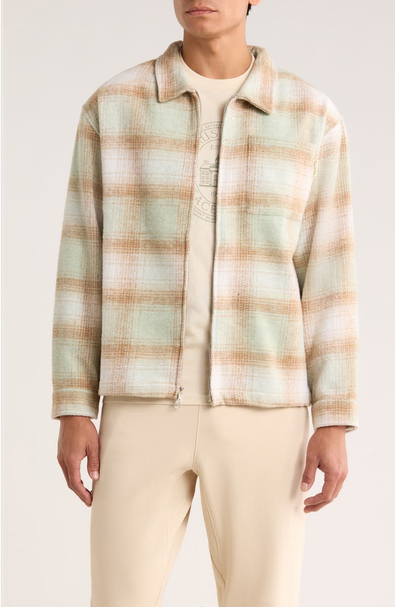 Museum of Peace & Quiet Wordmark Plaid Zip Shirt Jacket, Main, color, Sage