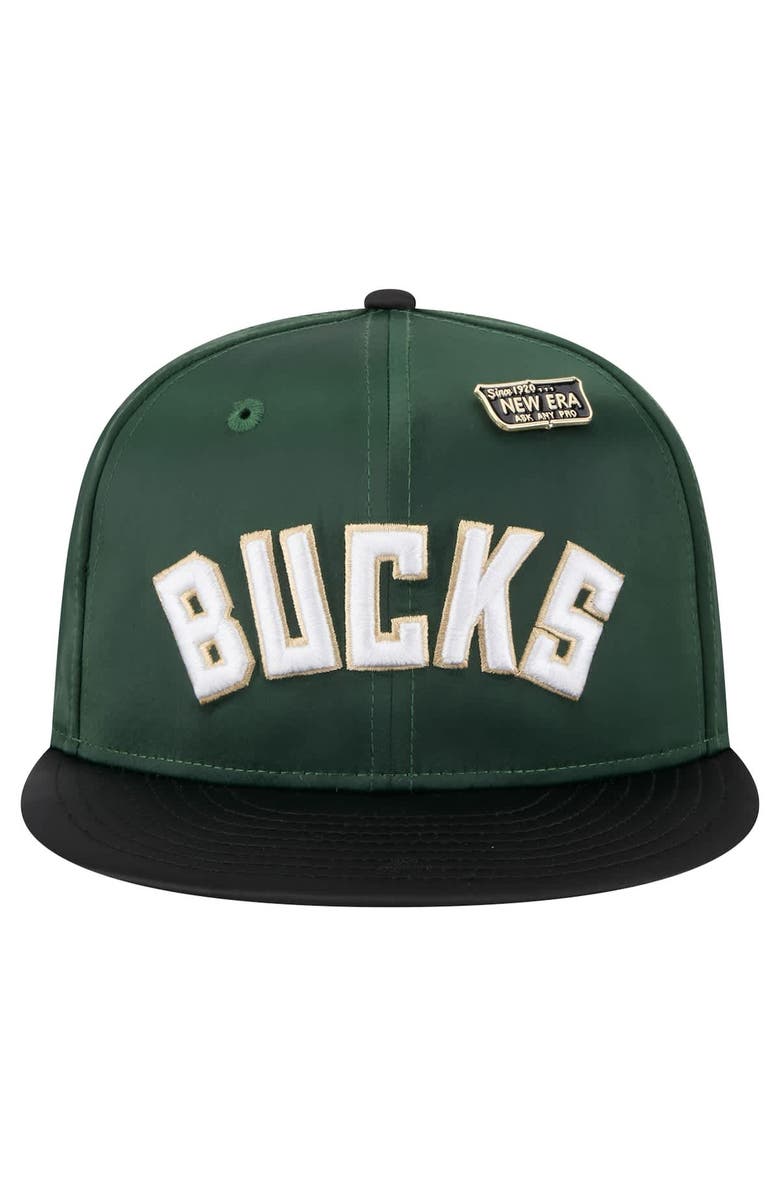 New Era Men's New Era  Hunter Green/Black Milwaukee Bucks Throwback Satin Vintage Pin Two-Tone 59FIFTY Fitted Hat, Alternate, color, Hunter Green