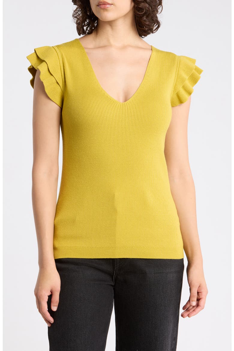 Ruffle Sleeve Fitted Sweater, Main, color, ANJOU PEAR
