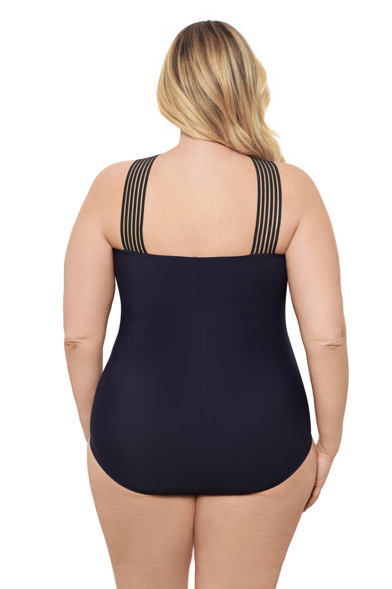 Plus Size Novelty Trim High Criss Cross Neck Full Coverage One-Piece Swimsuit, Alternate, color, True Navy