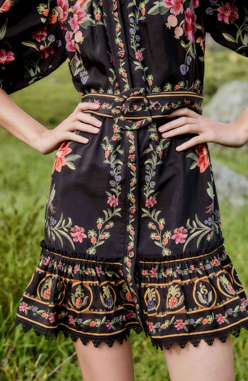 Farm Rio Black Belle Garden Lace Belted Mini Dress In Multi