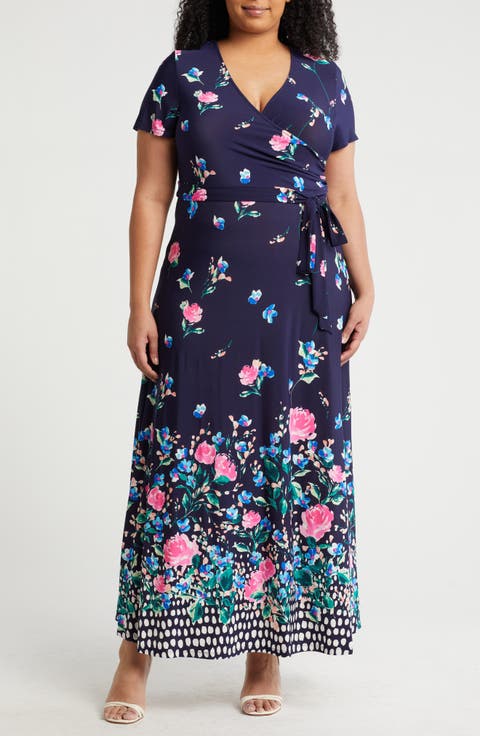 Floral Short Sleeve Faux Wrap Maxi Dress (Plus)