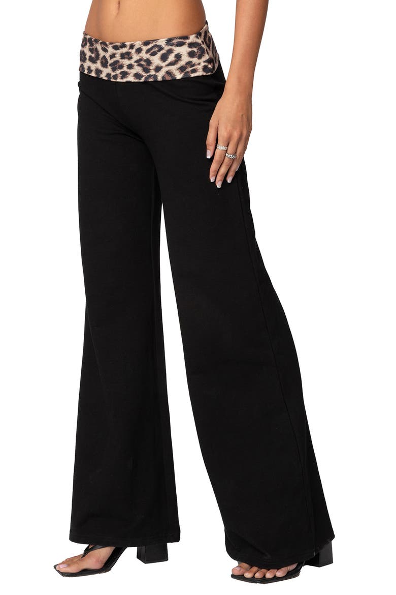 Foldover Waist Wide Leg Pants, Alternate, color, BLACK/ LEOPARD PRINT