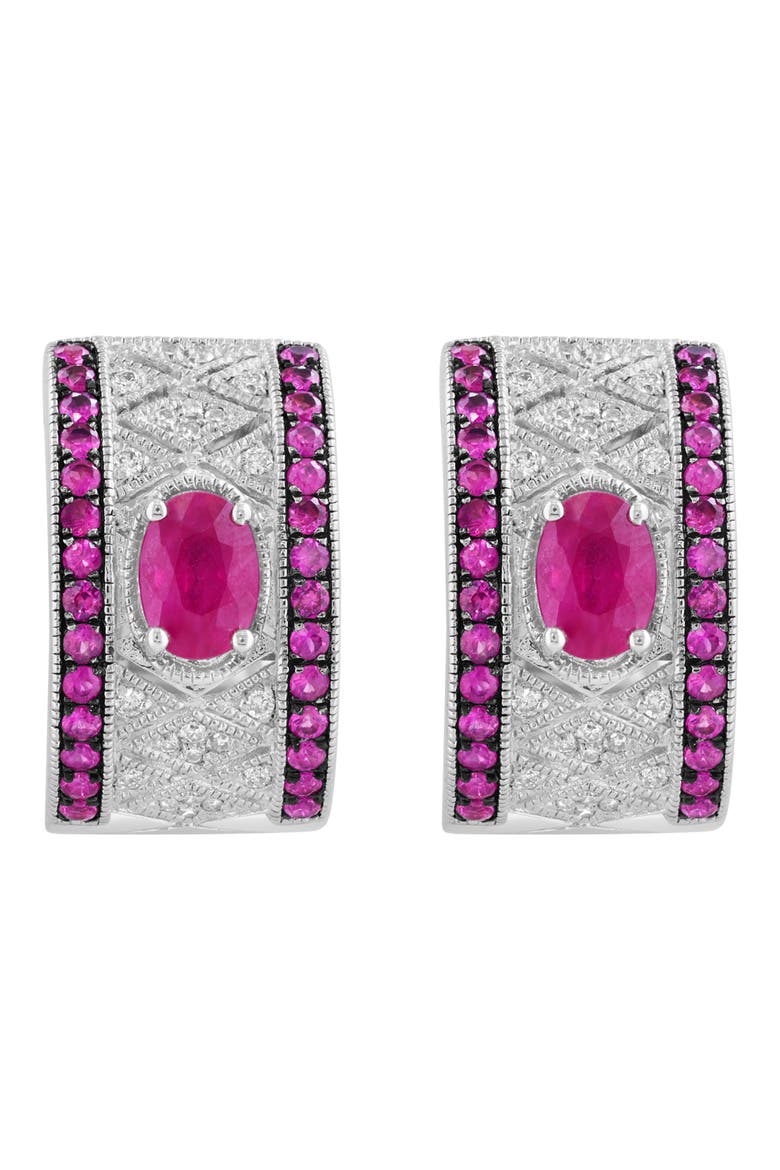 Sterling Silver Ruby and Diamond Hoop Earrings, Alternate, color, RED