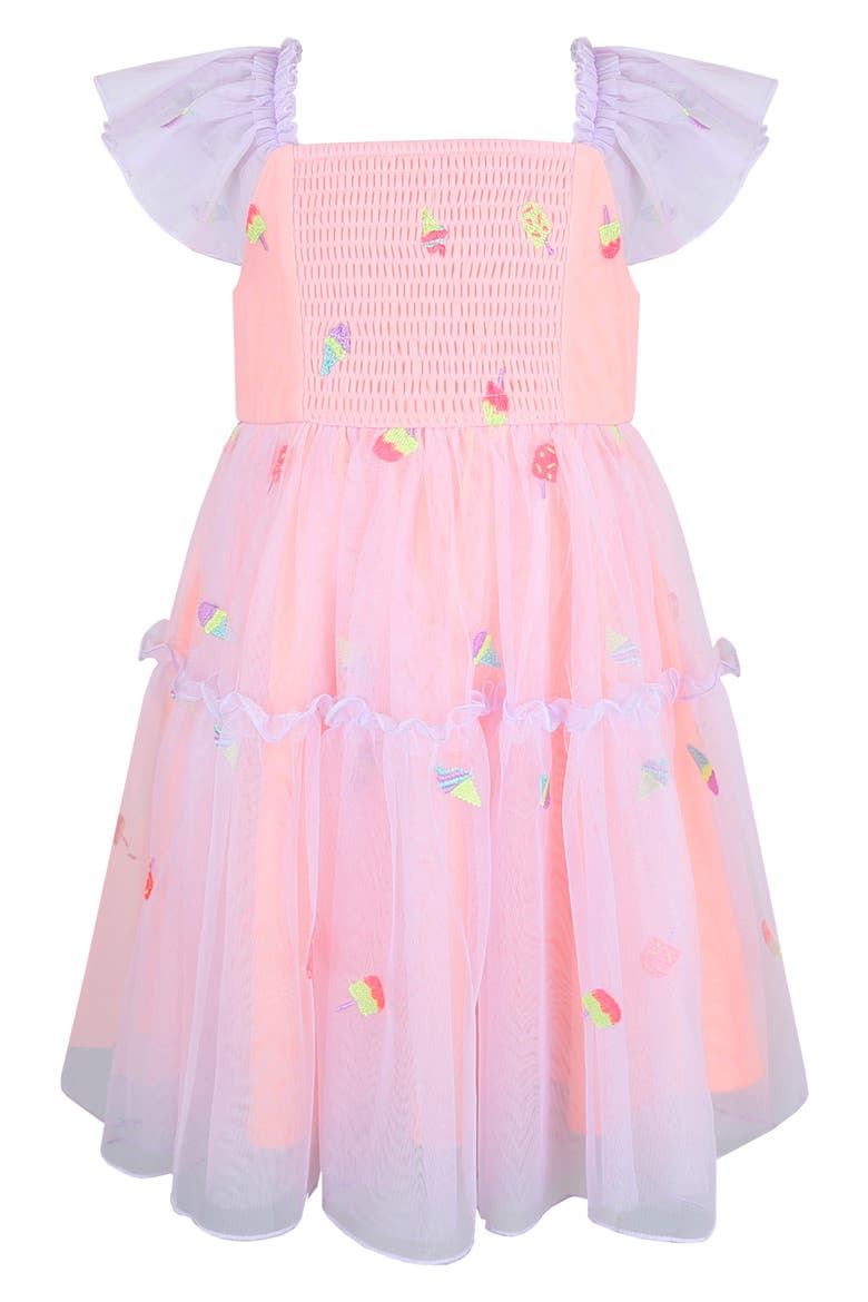 Kids' Embroidered Smocked Bodice Mesh Party Dress, Main, color, PEACH