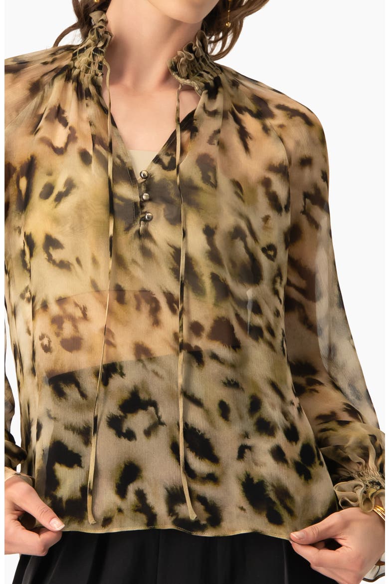 Sheer Chiffon Tie-Neck Blouse in Abstract Animal Print, Alternate, color, Olive Green