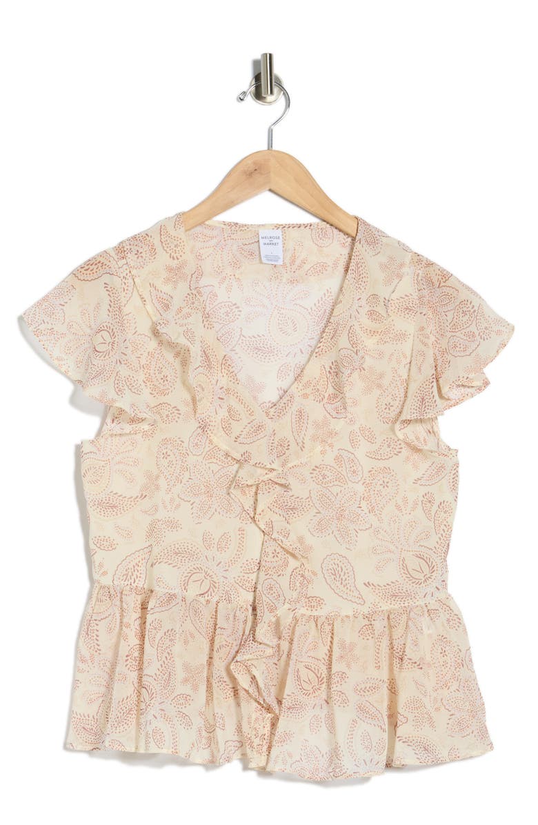 Melrose and Market Flutter Sleeve Chiffon Peplum Top, Alternate, color, Ivory- Brown Pinpoint Paisley