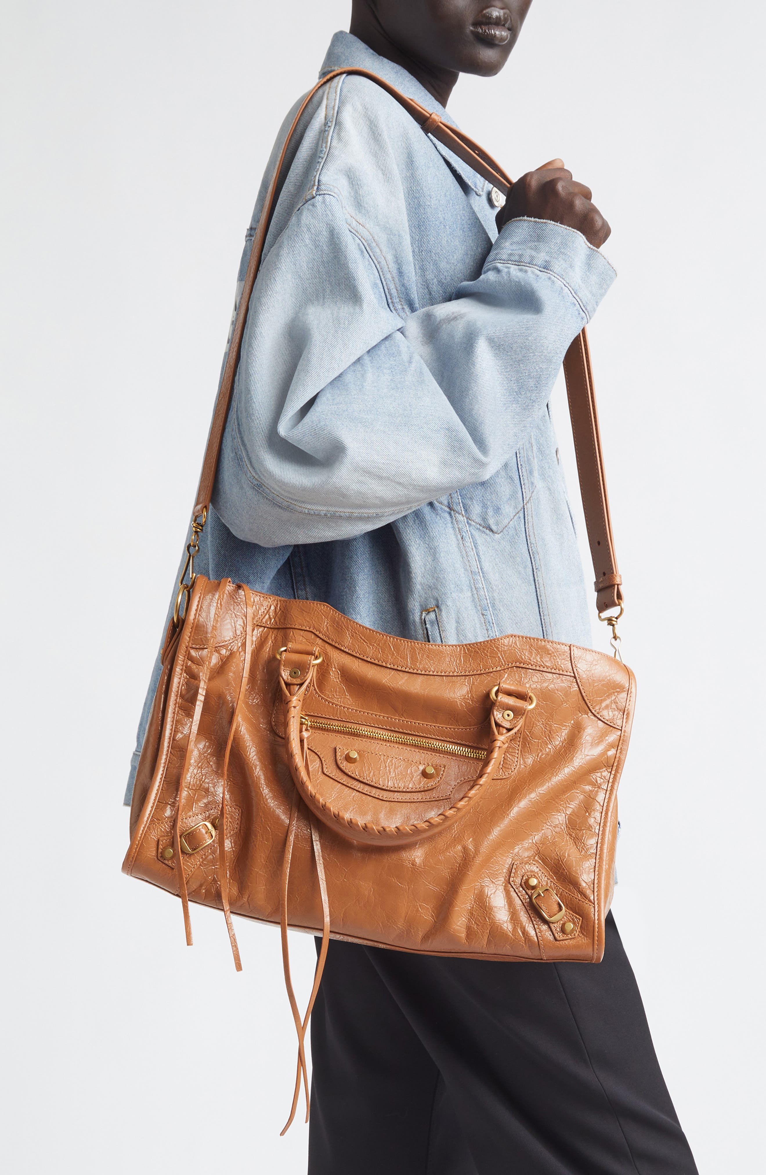 Balenciaga Medium Le City Crinkled Leather Tote, Alternate, color, 2630 Camel