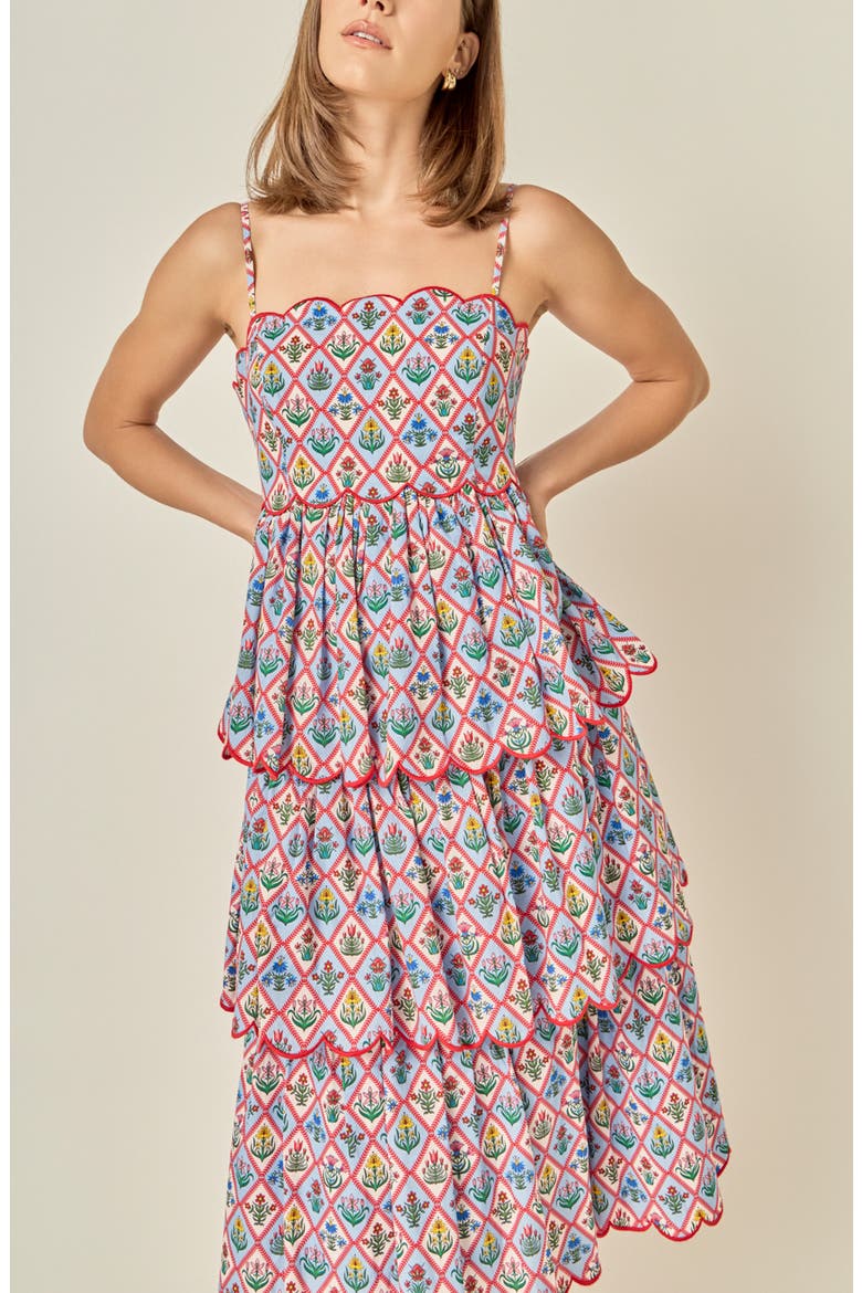 Printed Scallop Tiered Midi Dress, Alternate, color, MULTI