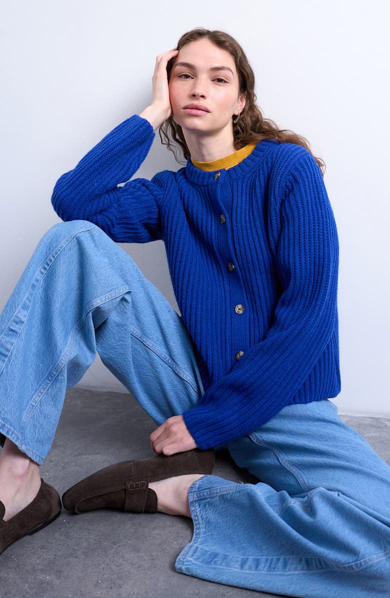 Topshop Rib Cardigan, Alternate, color, Medium Blue