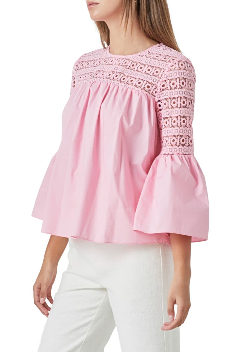 Bell Sleeve Lace Poplin Blouse, Alternate, color, PINK