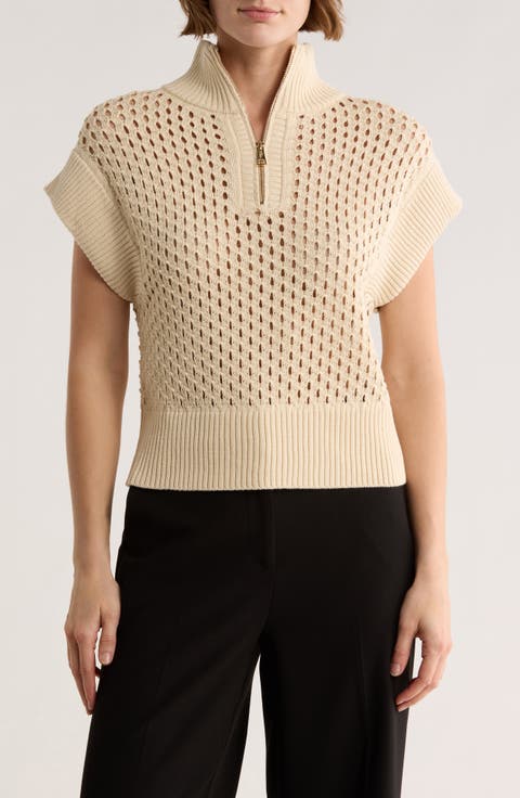 Open Stitch Sleeveless Quarter Zip Sweater